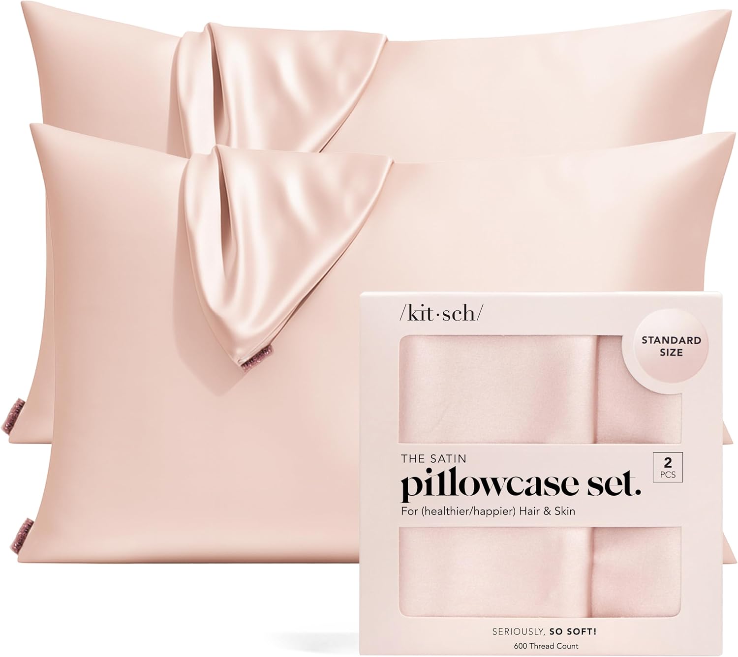 Detalle de Kitsch 62293 Satin Pillowcase Set, 2-Pack, Blush, Zipper Closure, Standard Size