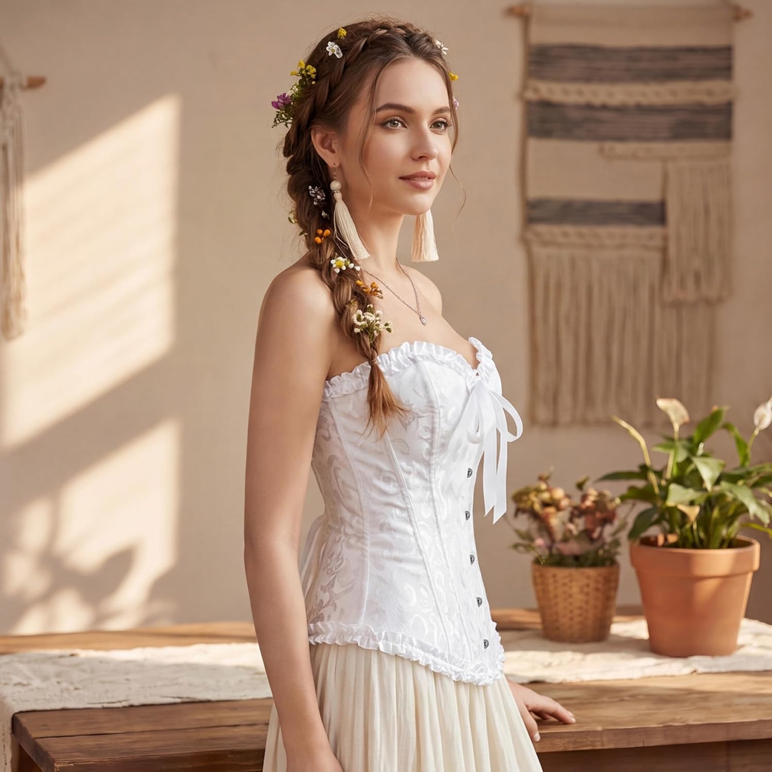 Detalle de Zhitunemi Victorian Overbust Corset Top, Floral Brocade with Lace-Up Back