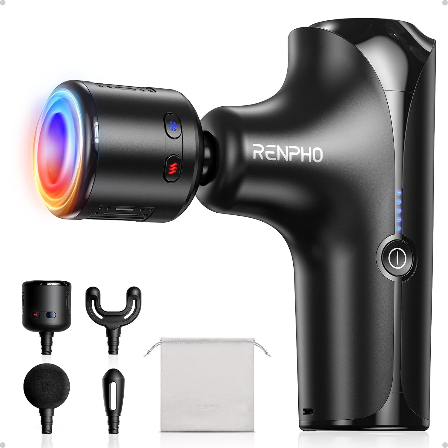 Detalle de RENPHO Mini Thermacool Massage Gun with Heat and Cold, 4 Heads, 5 Speeds