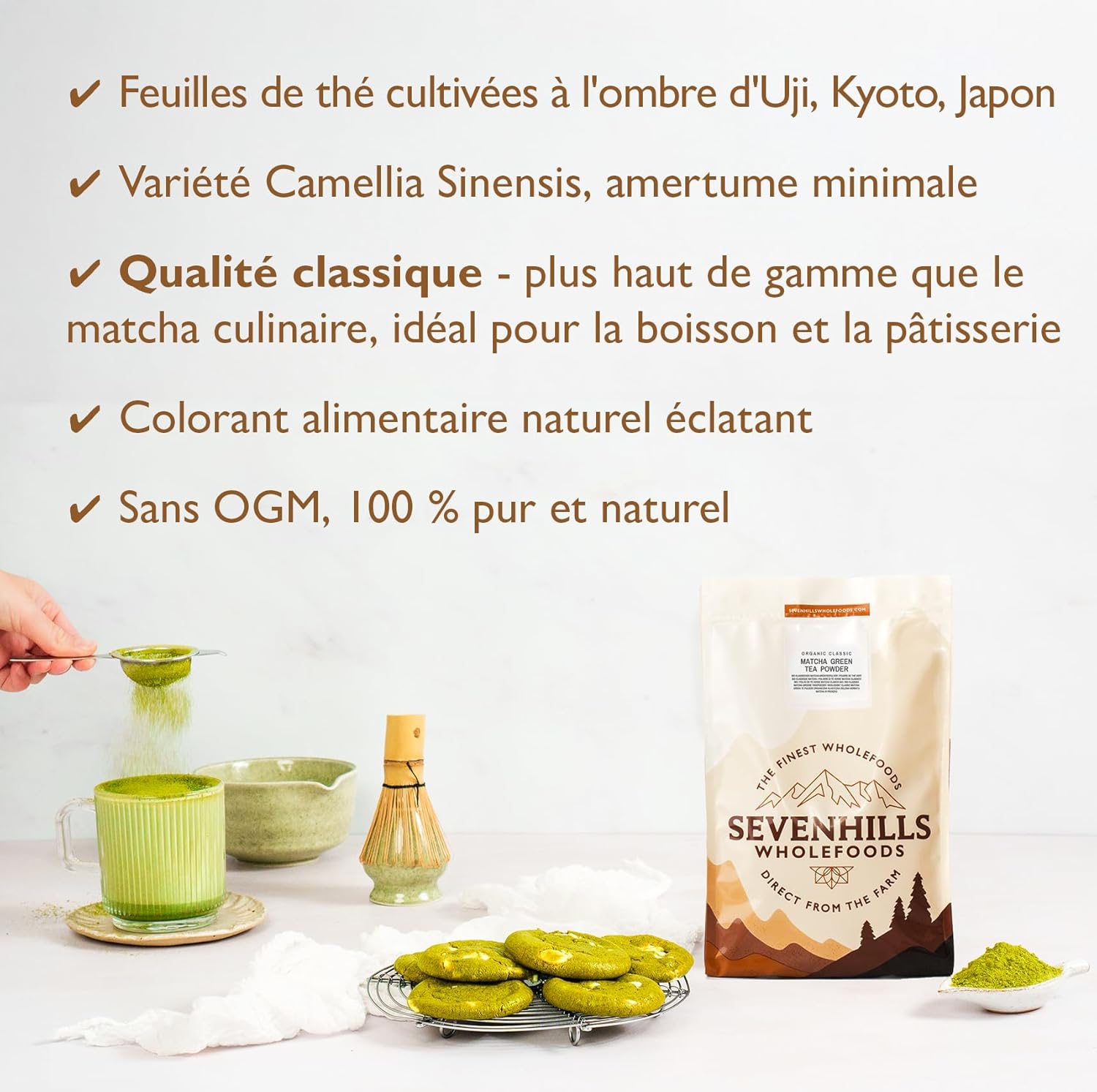 Detalle 2 de Sevenhills Wholefoods Poudre de thé vert Matcha Classique Japonais Bio (200 g) – d’Uji, Kyoto
