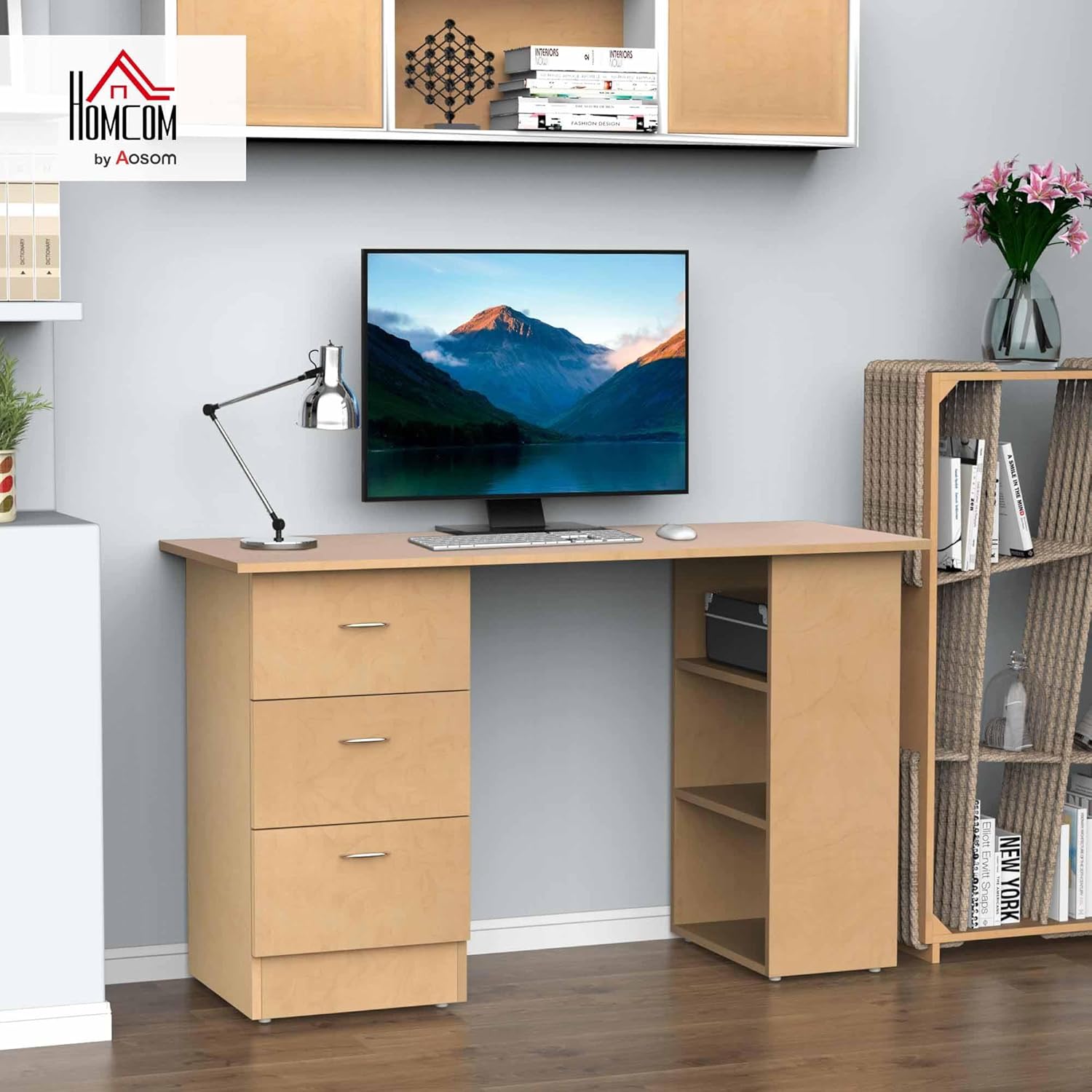 Detalle de HOMCOM Bureau d'ordinateur avec 3 tiroirs et 3 étagères – 120 x 49 x 72 cm, bois clair, rangement réversible