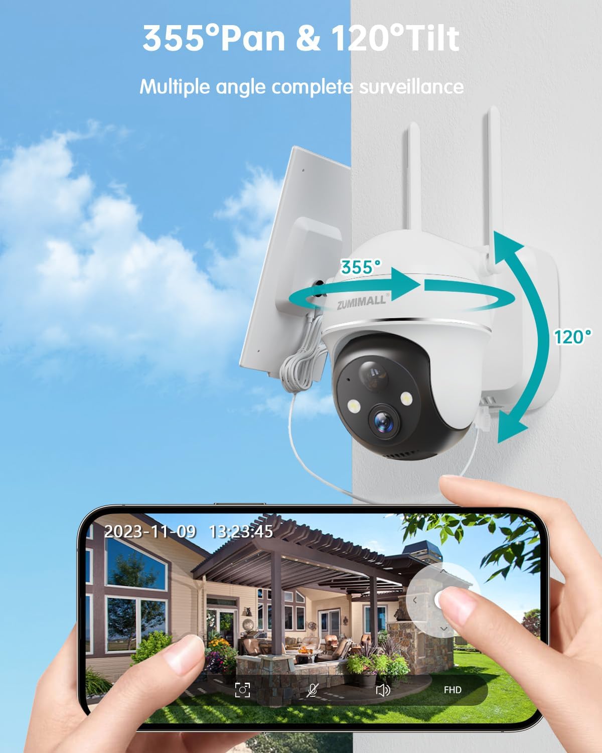 Detalle de ZUMIMALL X2 2K Solar Security Camera, 360° View, Color Night Vision