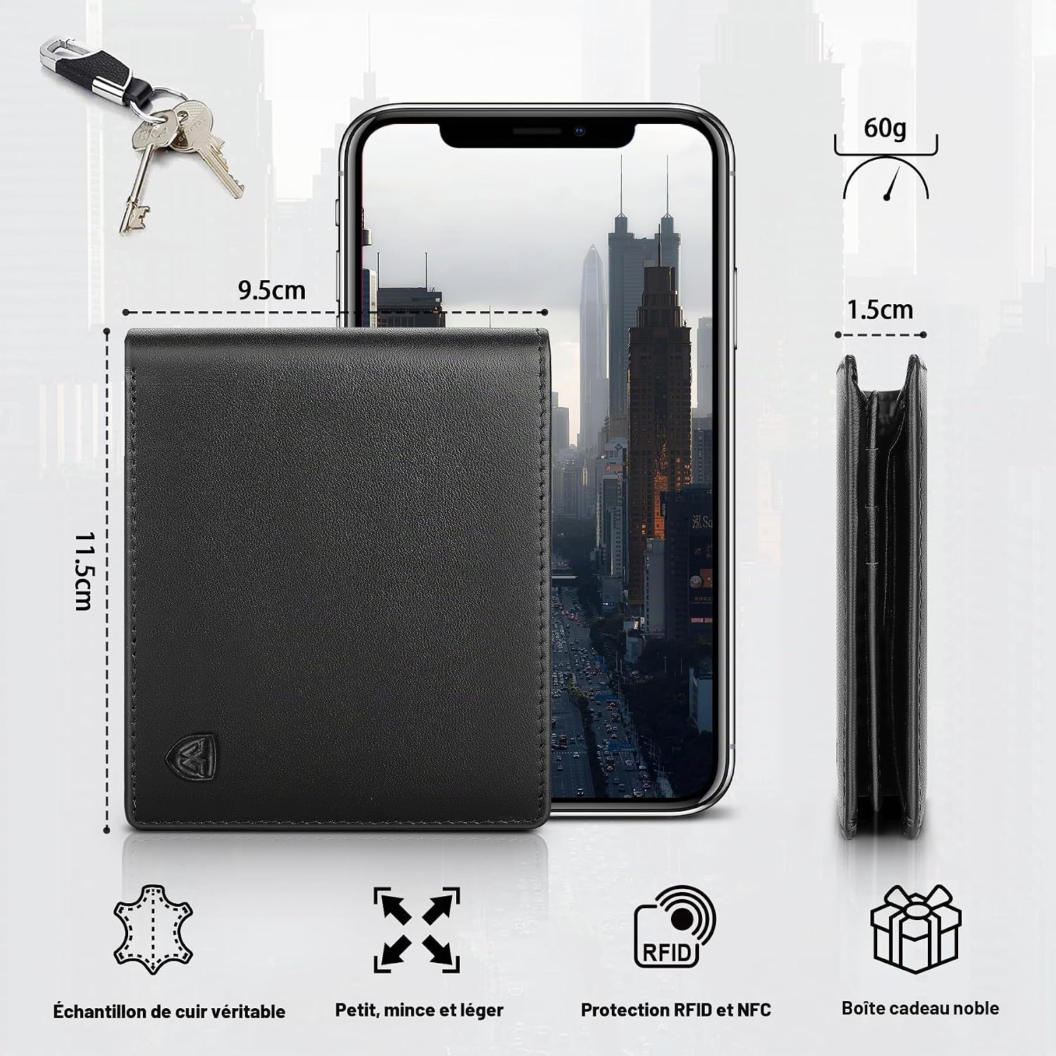 Thumbnail 3 de WONSEFOO Portefeuille Homme en Cuir avec Blocage RFID – Noir, 10 Porte‑Cartes, 2 Compartiments Billets et Grande Poche Monnaie