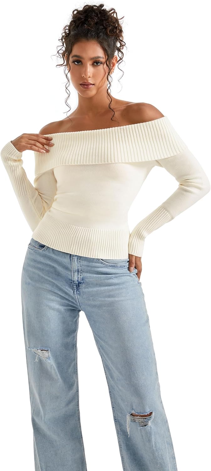 Detalle 2 de SUUKSESS Women's Off-the-Shoulder Ribbed Knit Sweater, Long Sleeve