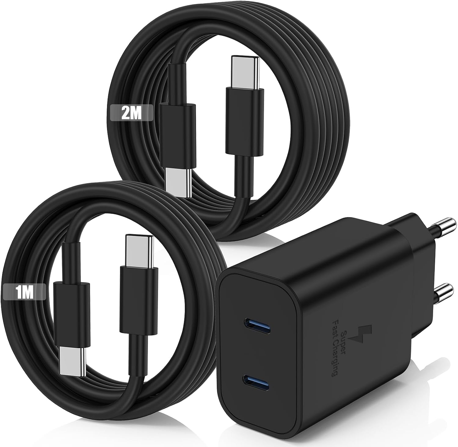 Detalle de 45W USB-C Schnellladegerät mit 2 Ports und Kabelset für Samsung Galaxy (S26/S25/S24/S23/Ultra) – Netzteil + 1m & 2m Kabel