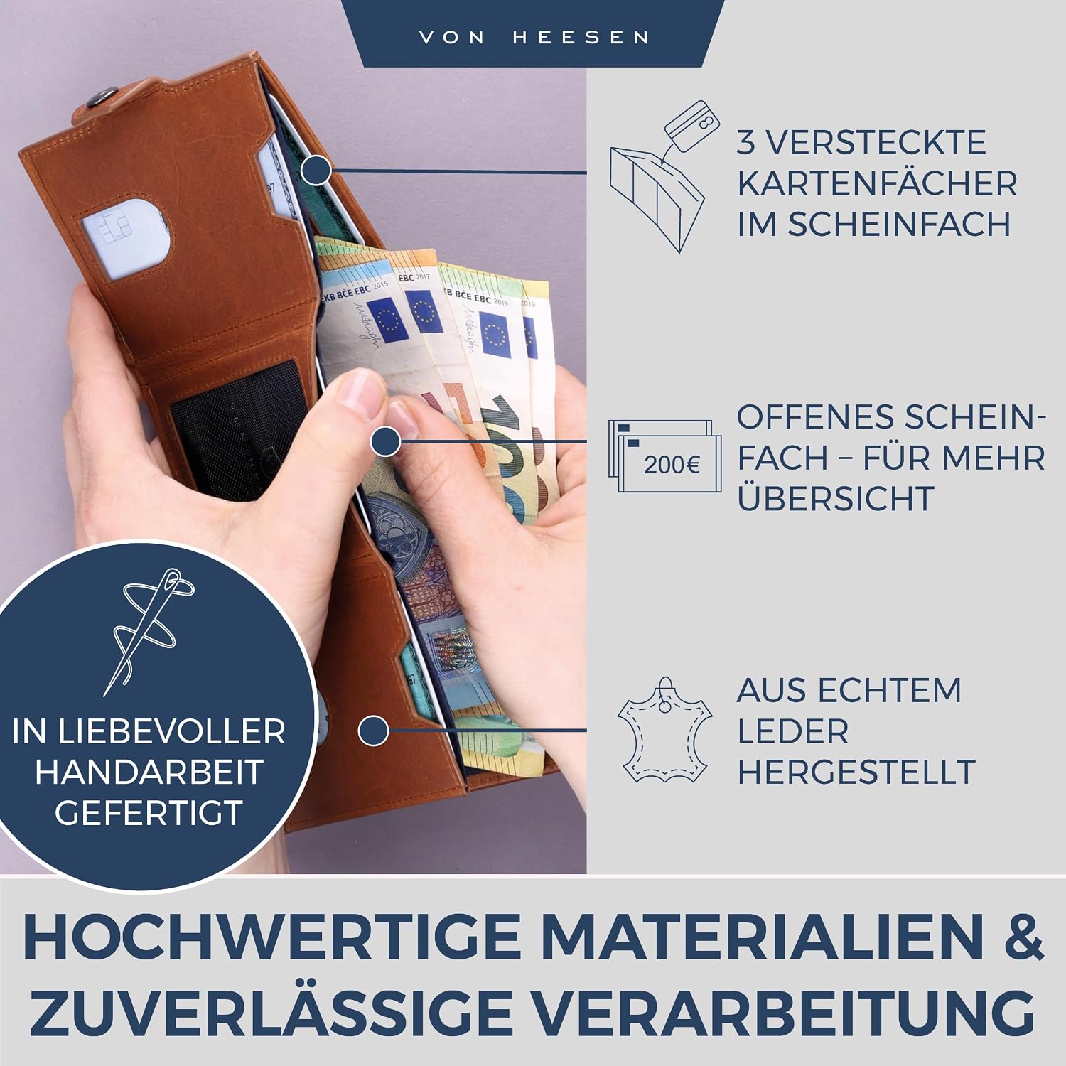 Detalle 2 de VON HEESEN Slim Wallet Cognac Waxy 9,2×7,7×2,2 cm