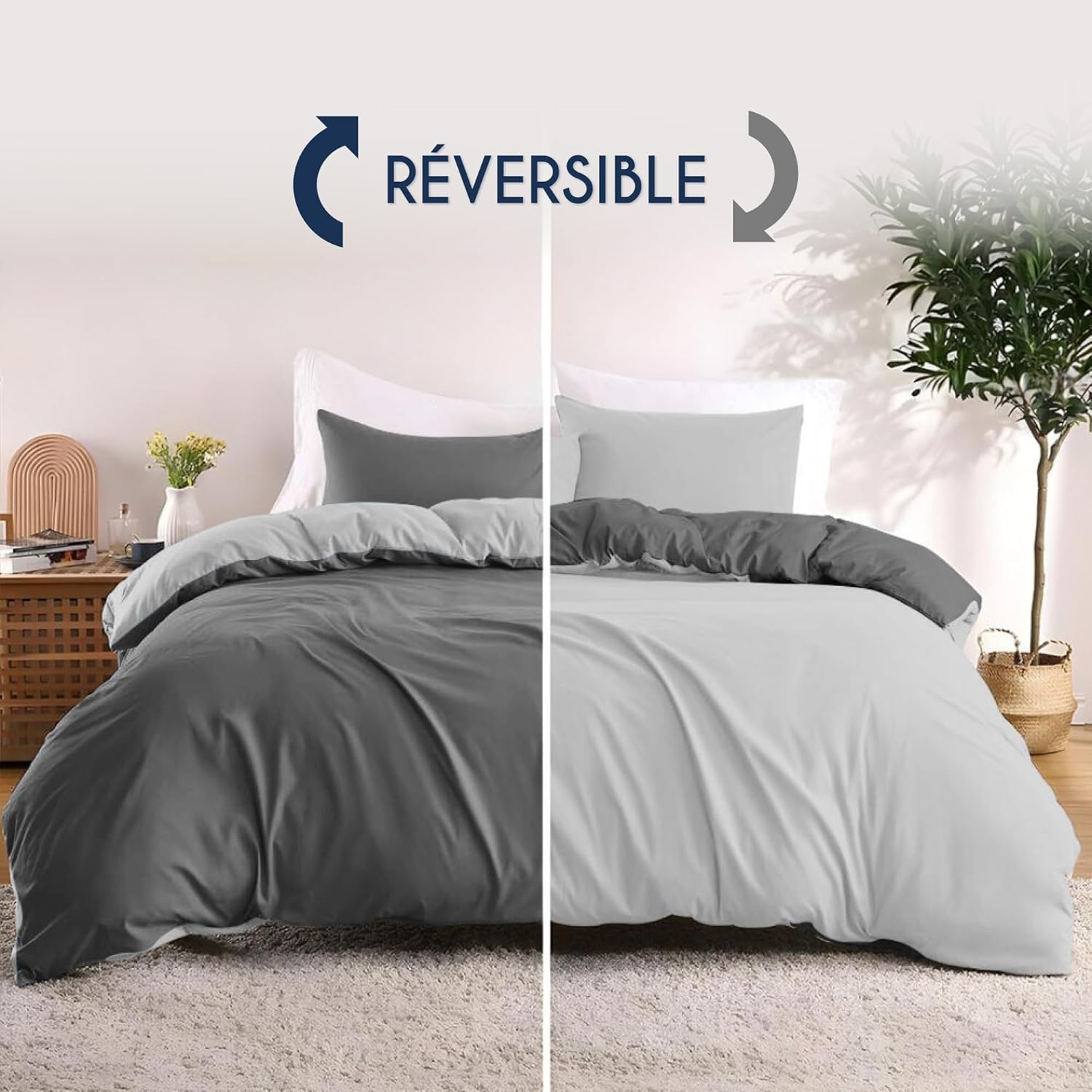 Thumbnail 3 de Dreamzie Parure de lit 240x220 cm en microfibre (grande housse + 2 taies 65x65) gris foncé/gris clair