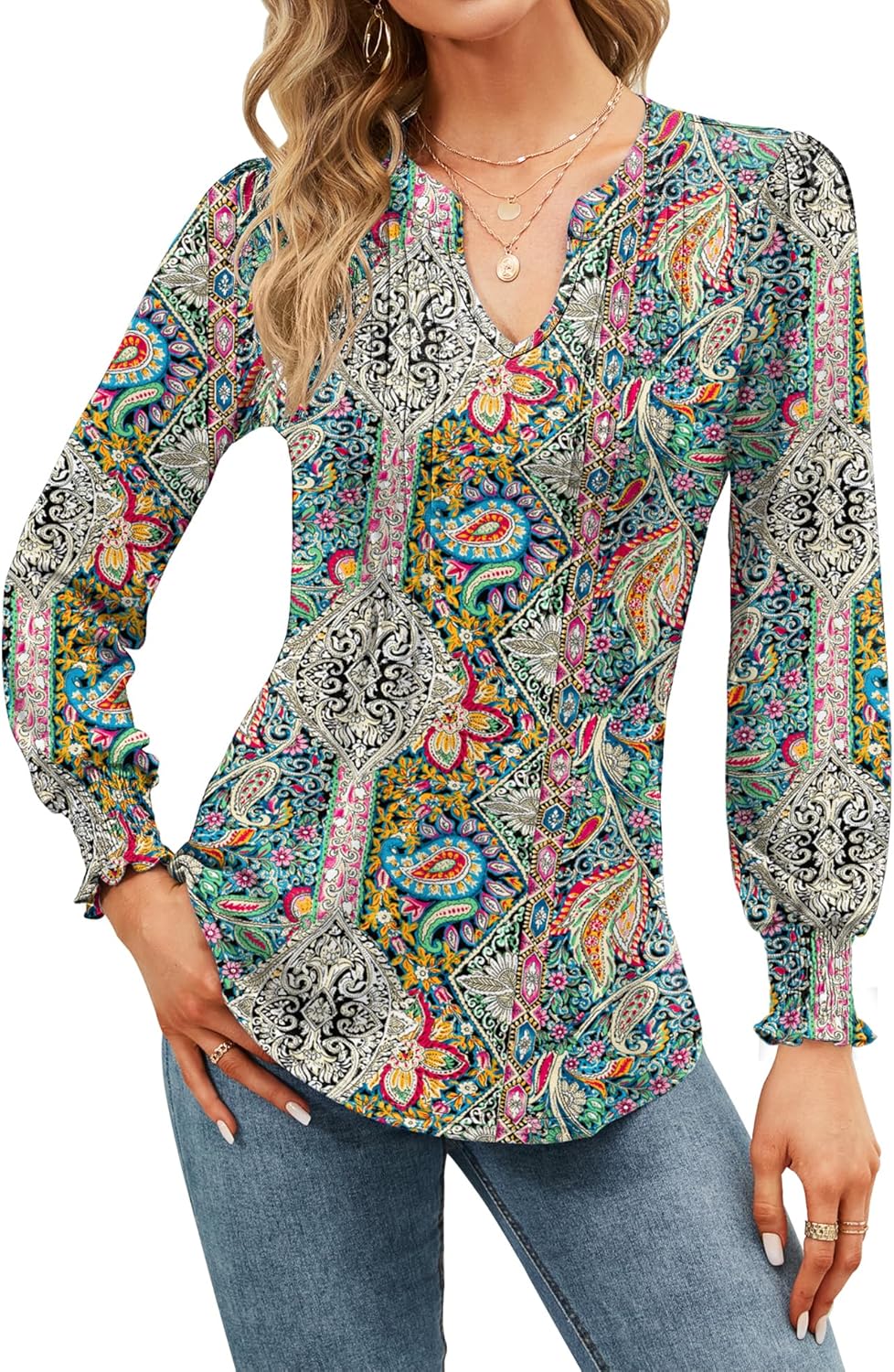 Thumbnail 3 de EFFAN Women's V-Neck Puff Sleeve Floral Tunic Blouse