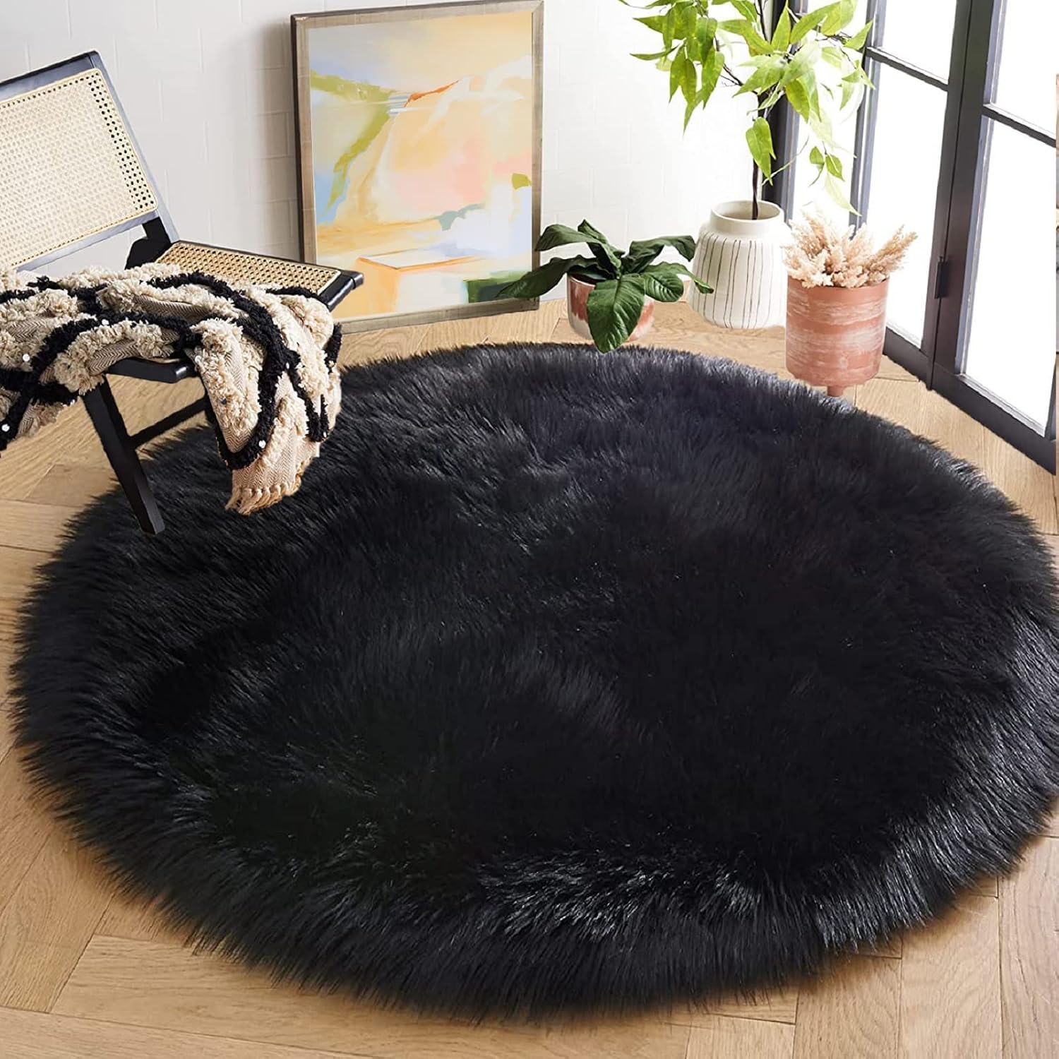 Thumbnail 1 de ORINOVA tapis rond noir 180 cm en fausse fourrure shaggy
