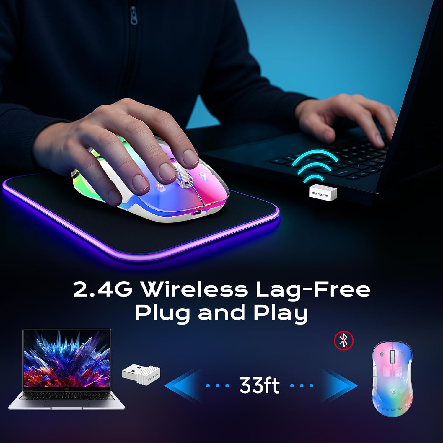 Detalle de memzuoix LED Wireless Mouse (Rechargeable 2.4G, USB receiver) – Blue