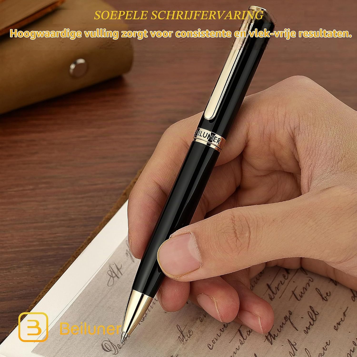 Detalle 2 de BEILUNER XZB-301-BK gelpen van messing met 24K-goudlaag en zwarte lak