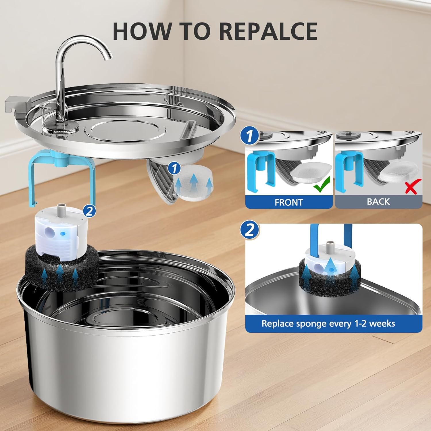 Thumbnail 6 de 50-Pack Cat Water Fountain Filter Replacements for 108/3.2L and 67oz/2L Stainless Steel Pet Fountains