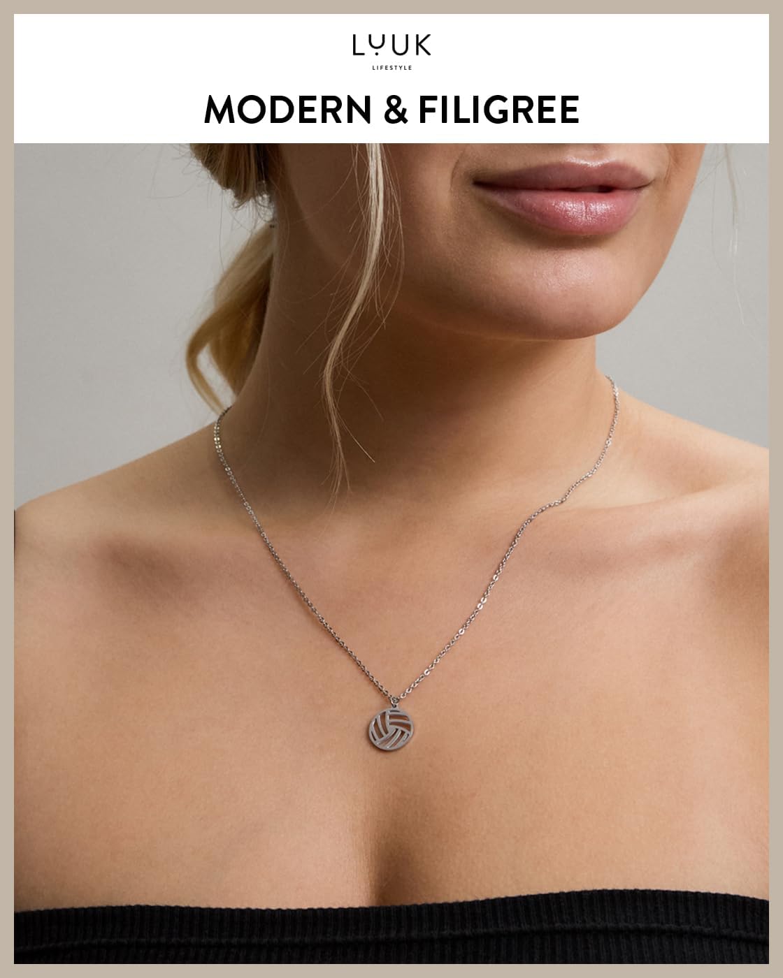 Detalle de LUUK LIFESTYLE Collana con ciondolo a forma di pallavola in acciaio inox 50 cm con carta Happiness – regalo elegante per donna