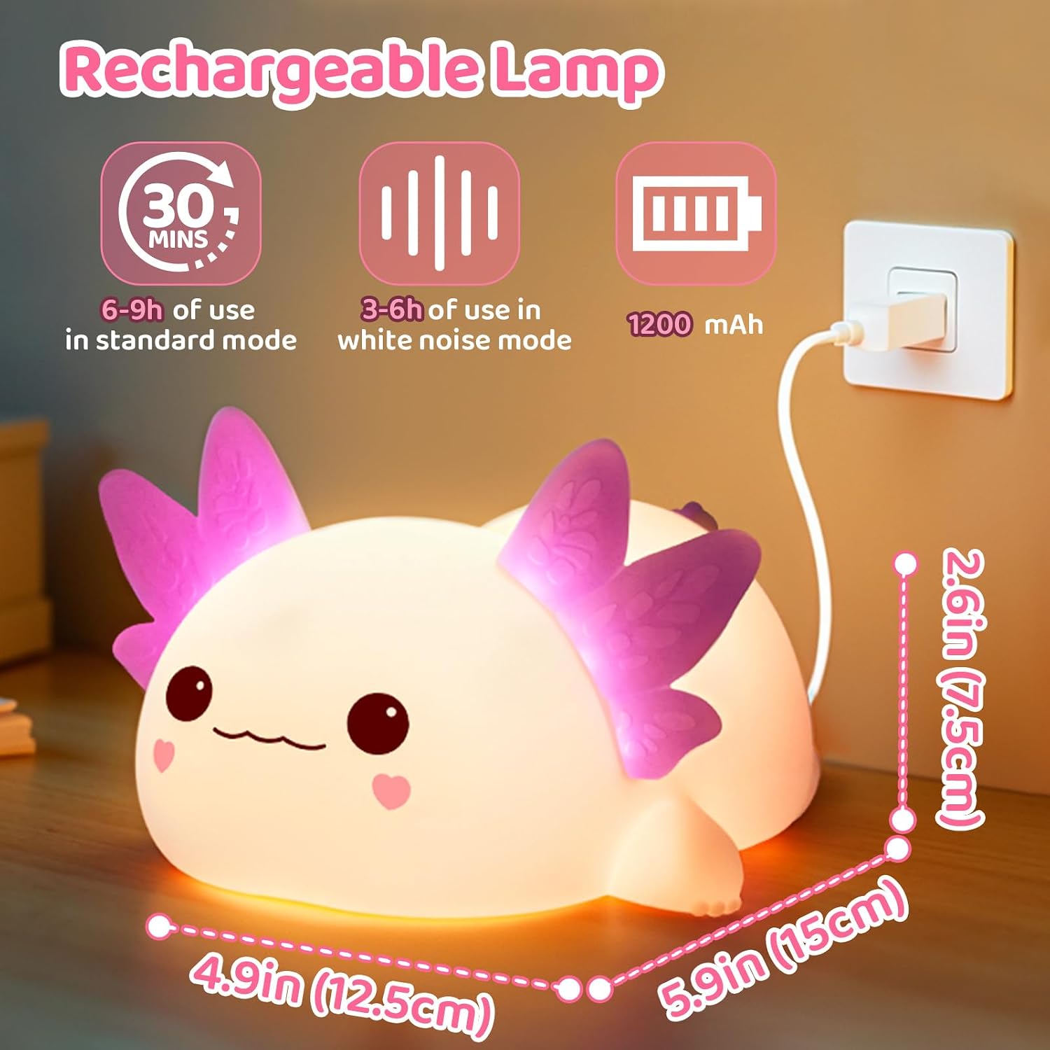 Detalle de MeWaii Axolotl Lampe Veilleuse en silicone tactile rechargeable (3 niveaux, 4 sons apaisants)