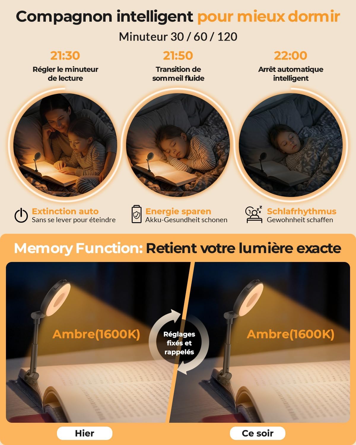 Detalle de EastPin Leselampe Buch Klemme Bettlampe: 18 LEDs, 3 Farbtemperaturen, wiederaufladbar