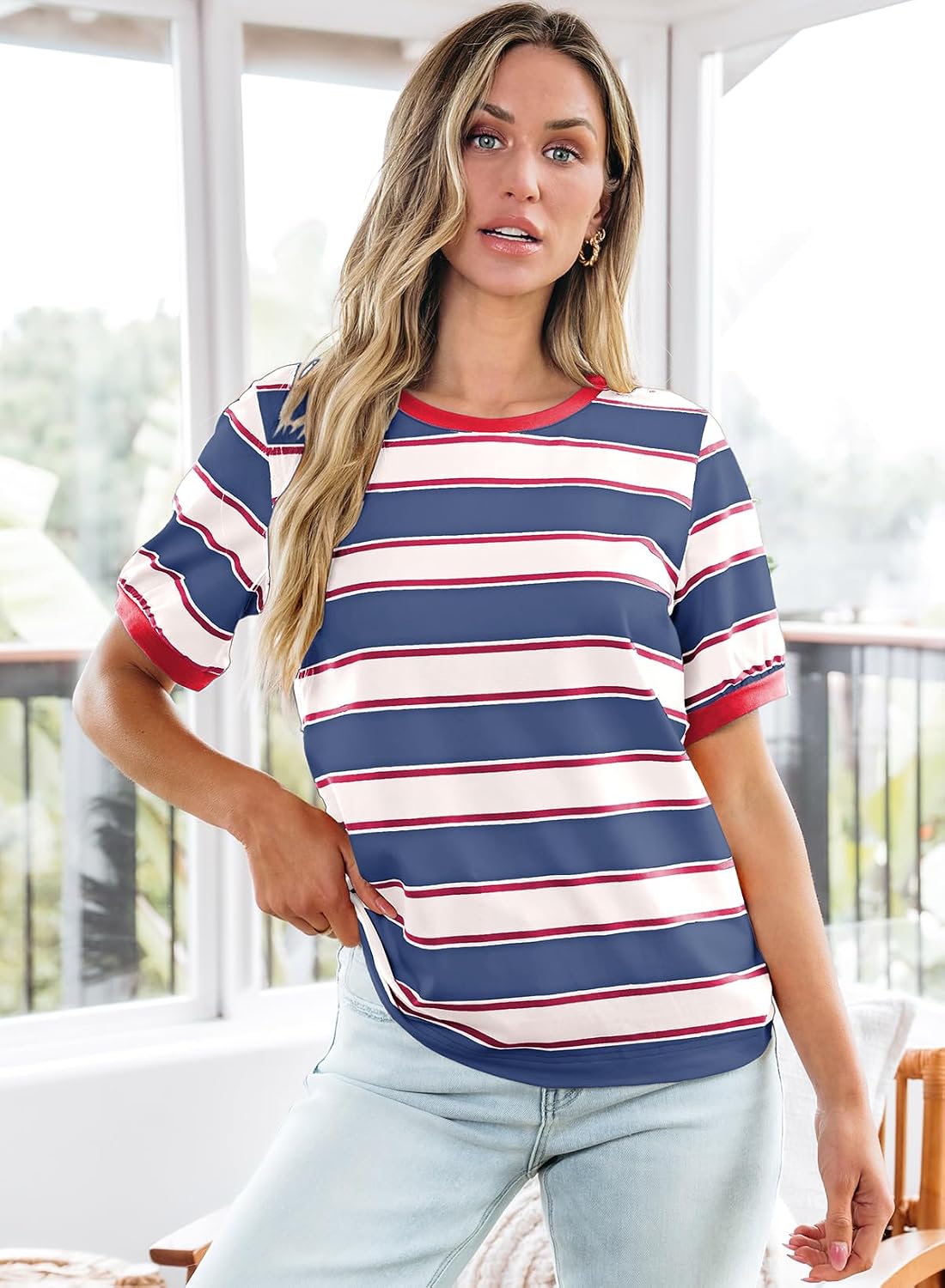 Detalle de Dokotoo Womens Summer Tops 2026 Striped Color Block Short Sleeve T-Shirt
