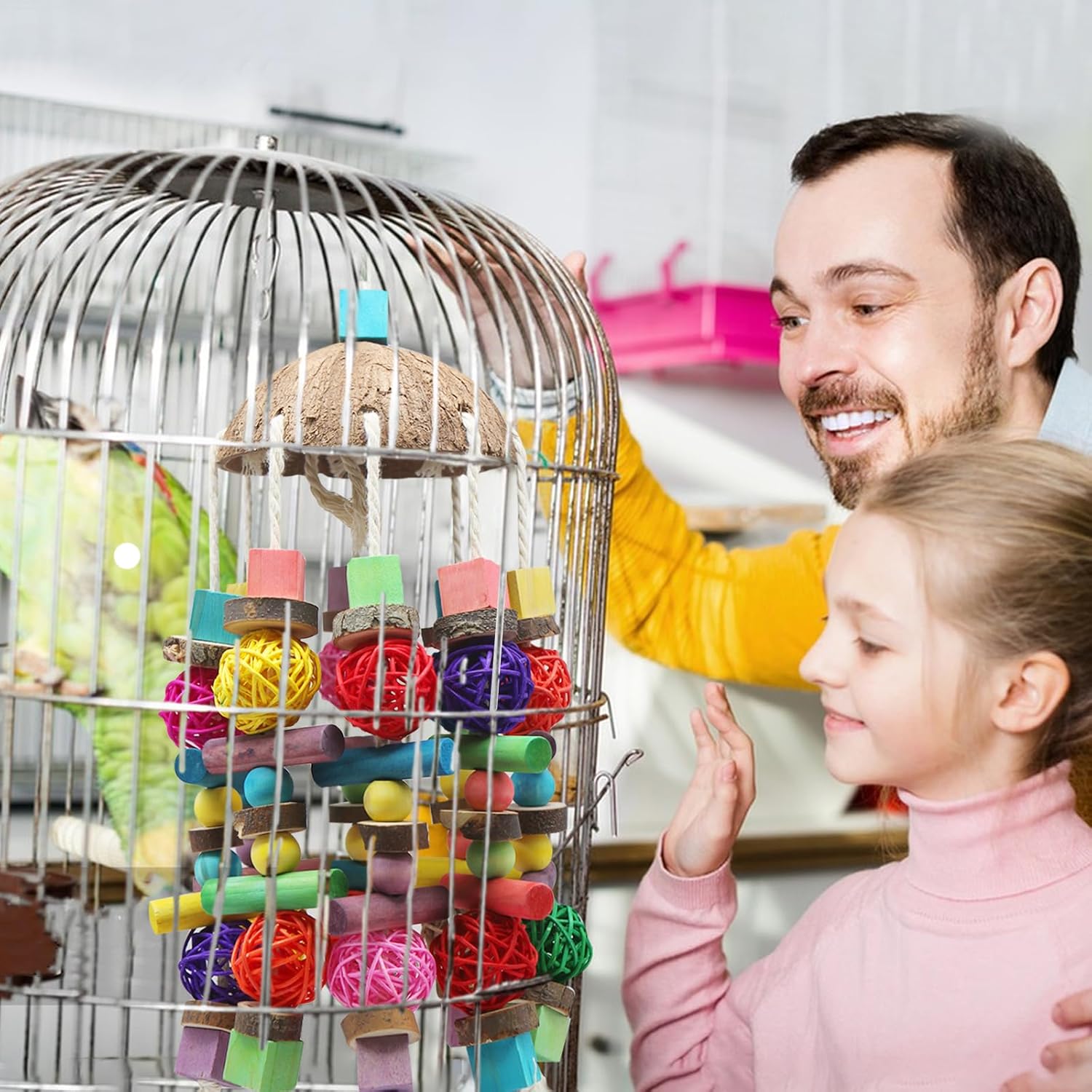 Detalle de MQUPIN Large Parrot Toys with Coconut Shell – Natural wooden climbing & chewing toy for African Grey