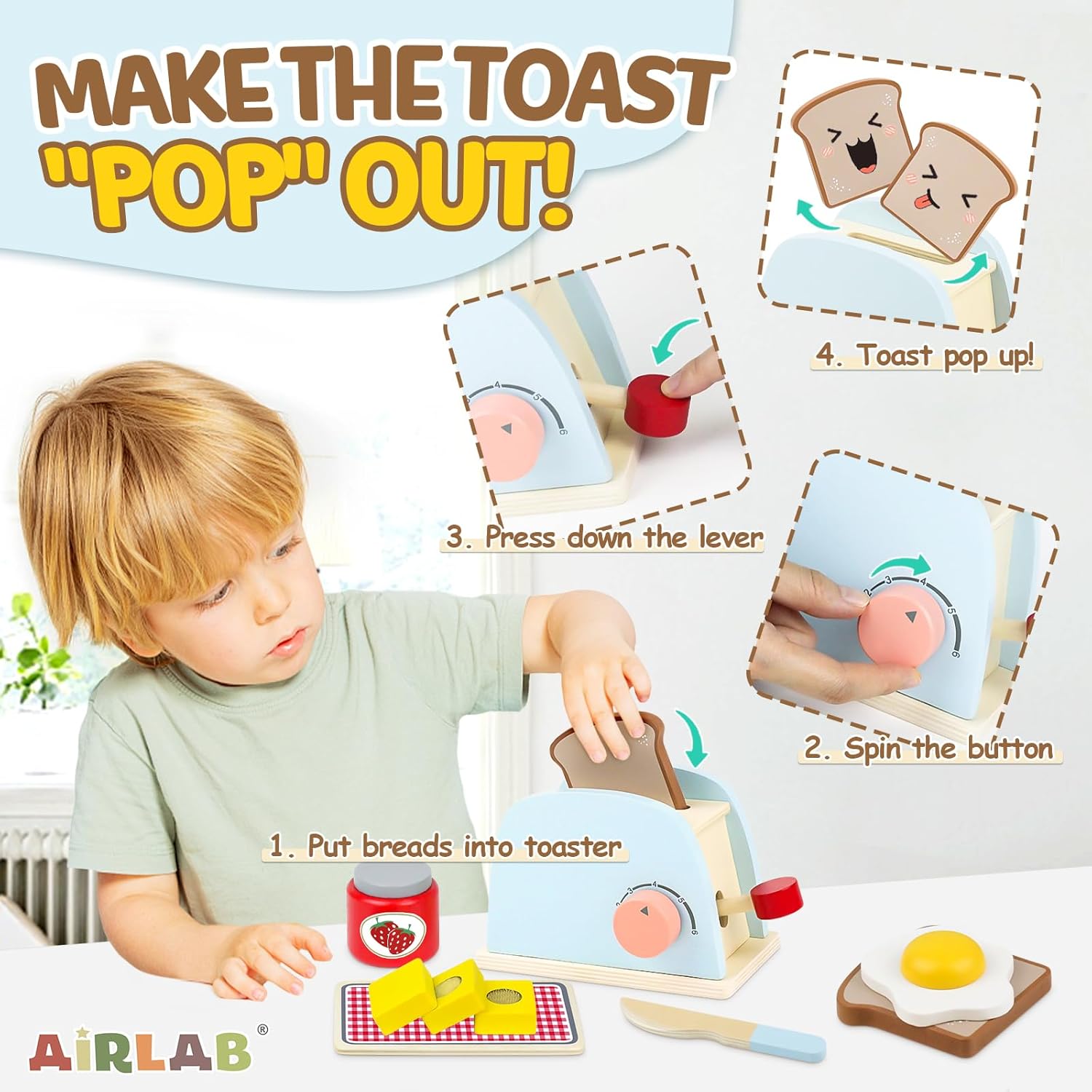 Thumbnail 3 de Airlab Wooden Pop-Up Toaster Kids Play Set (10 Pieces) – Interactive wooden pretend kitchen toy