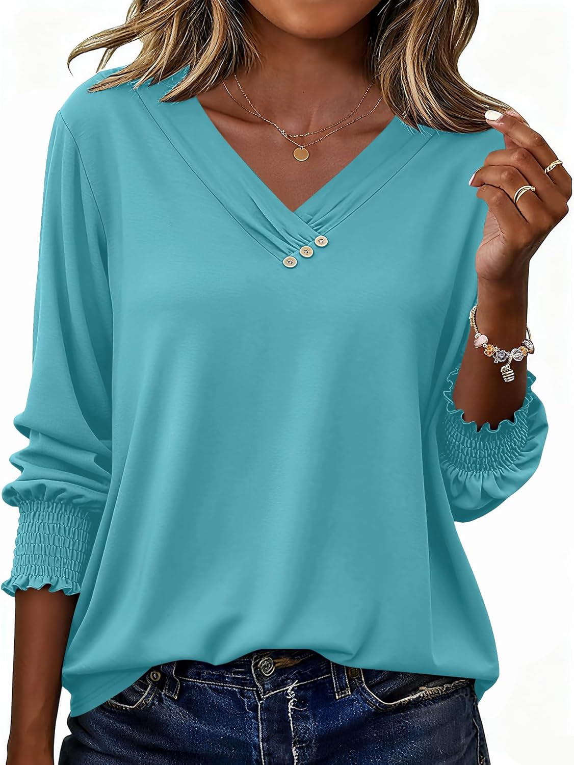 Thumbnail 5 de Rapbin Damen-Bluse mit 3/4-Arm, V-Ausschnitt und Knopfleiste – leichte Tunika für Sommer & Alltag