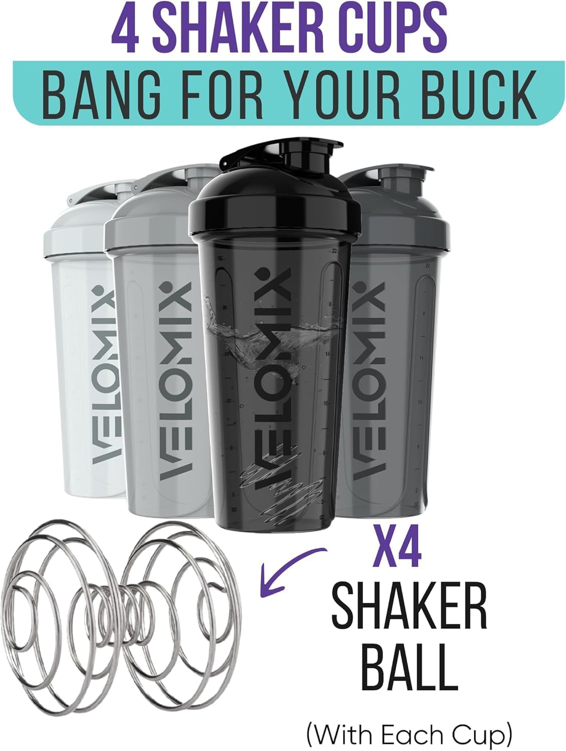 Detalle de VELOMIX 4er-Set Eiweiß-Shaker 828 ml (BPA-frei, auslaufsicher, spülmaschinengeeignet)