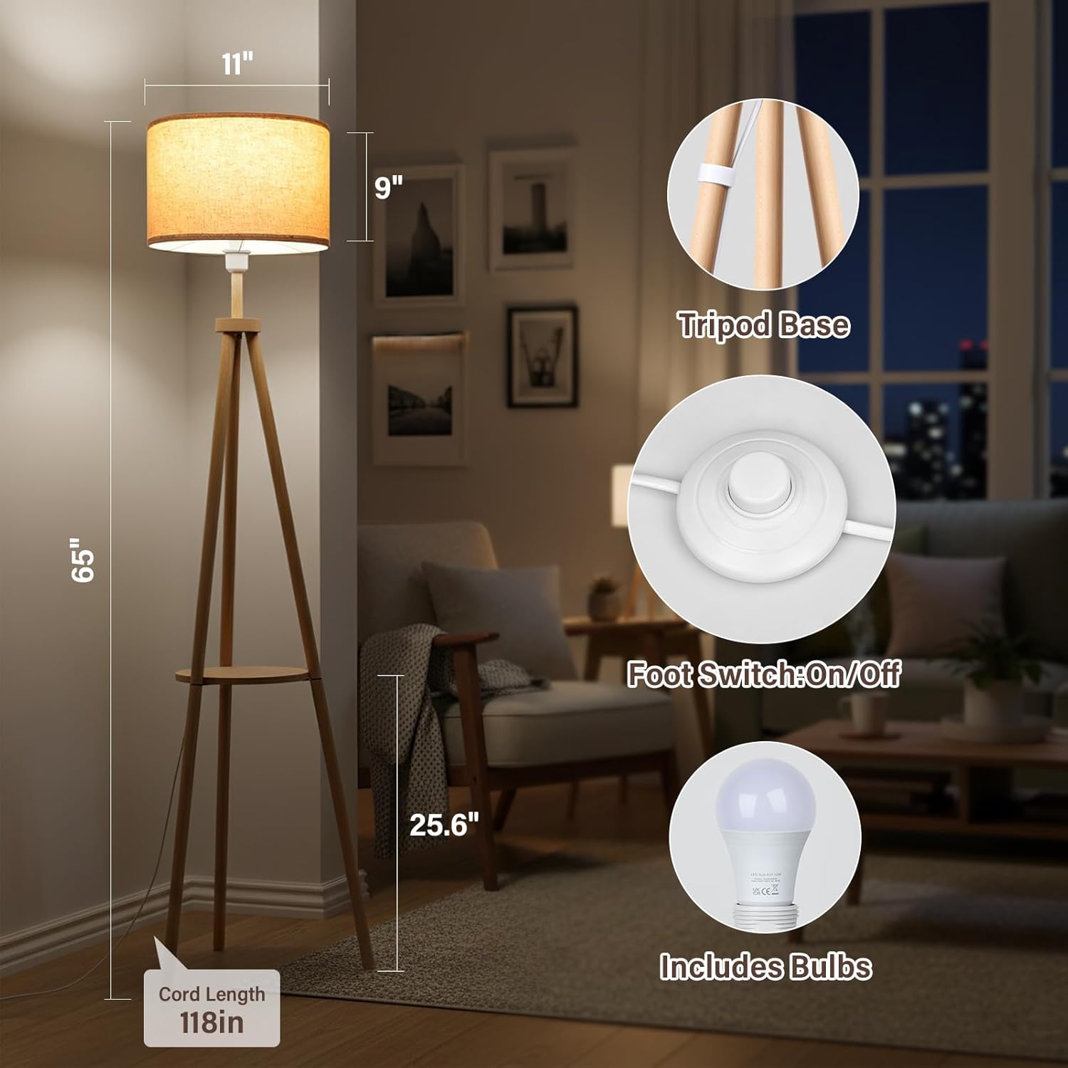 Detalle 2 de Lampada da Terra Treppiede in Legno con Ripiano e Dimmerabile E27 12W – Tre Colori 3000K/4000K/6000K
