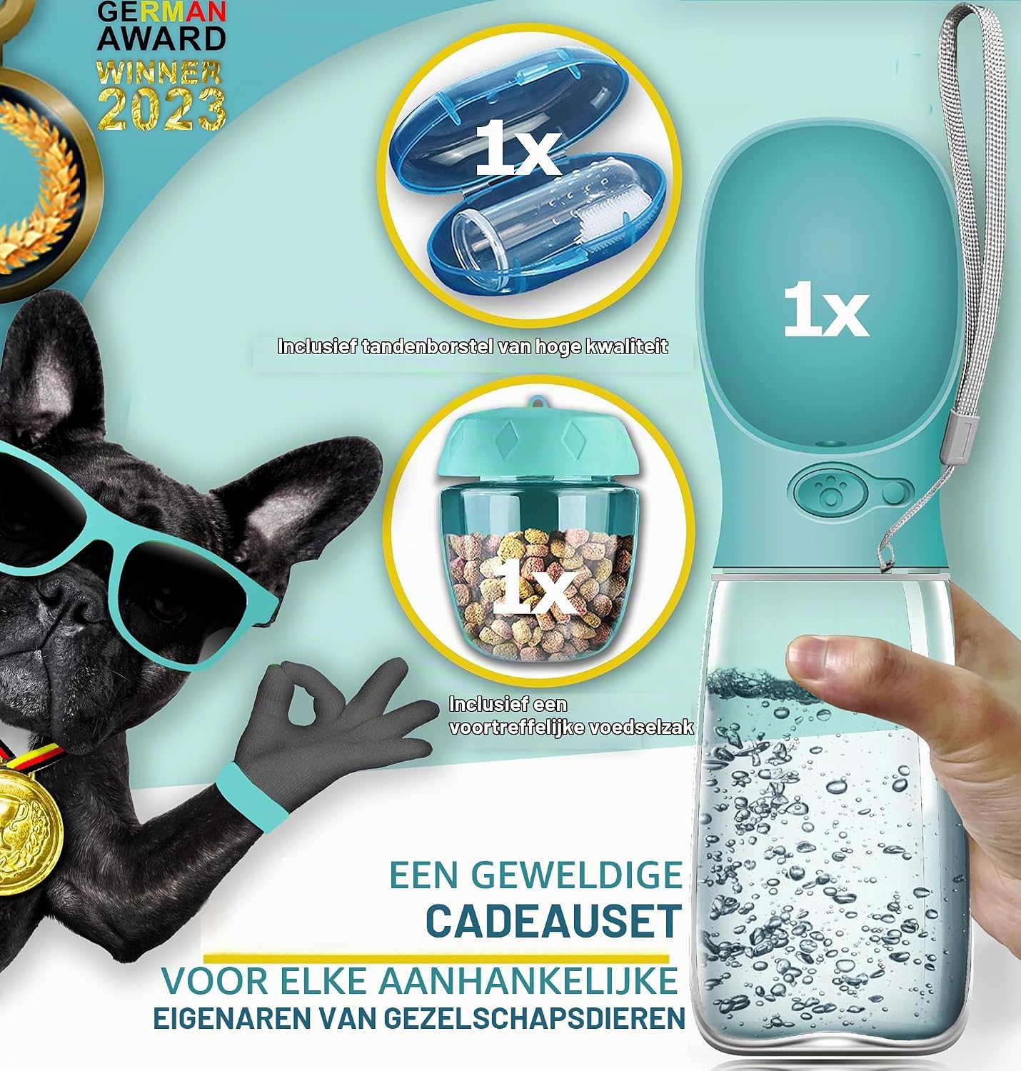 Detalle de Paws Elegance 550ml - Türkis hondendrinkfles met voerhouder, BPA-vrij