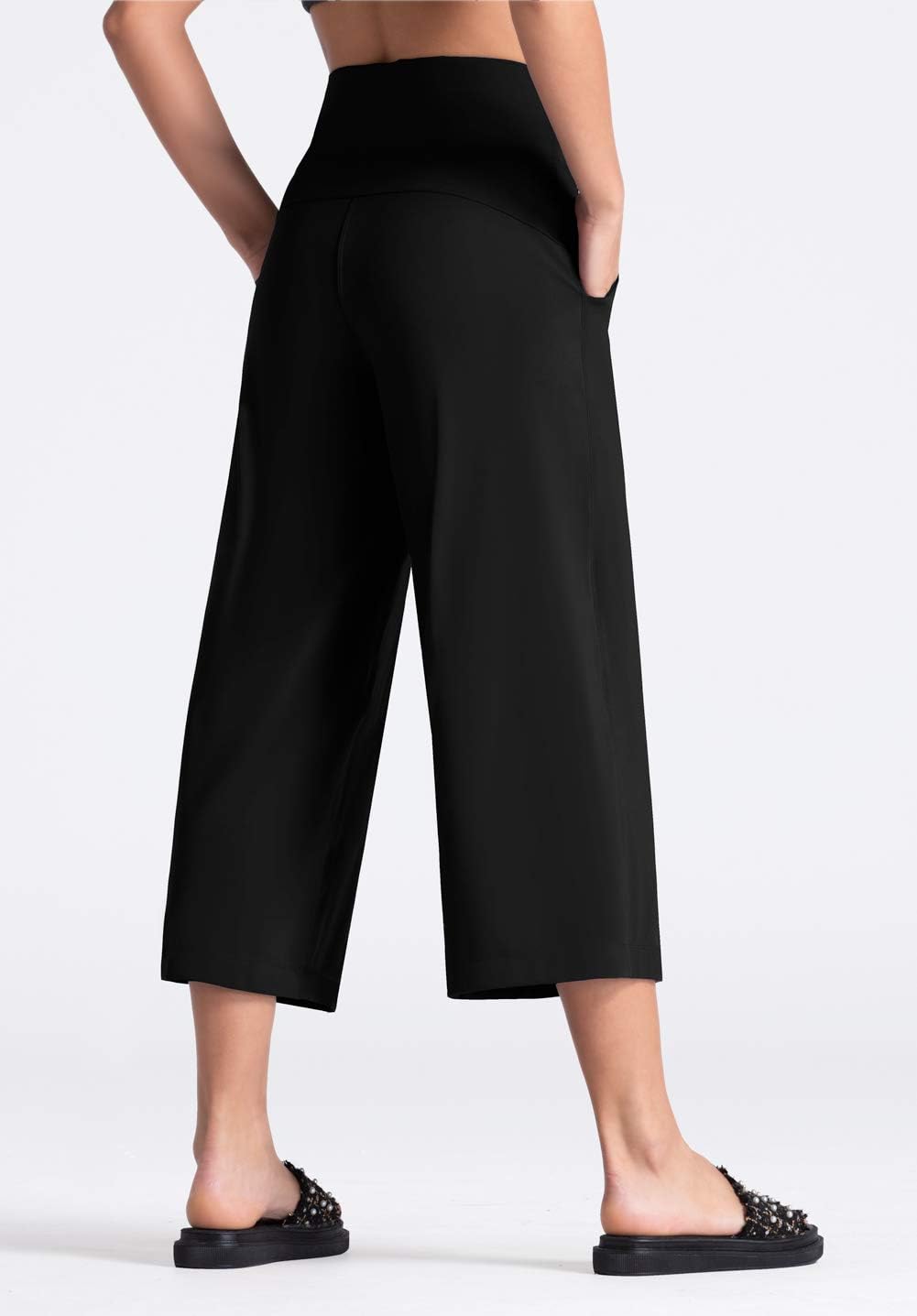 Detalle 2 de THE GYM PEOPLE Women’s Yoga Capris 3/4 Wide-Leg Trousers with Pockets & Tummy Control