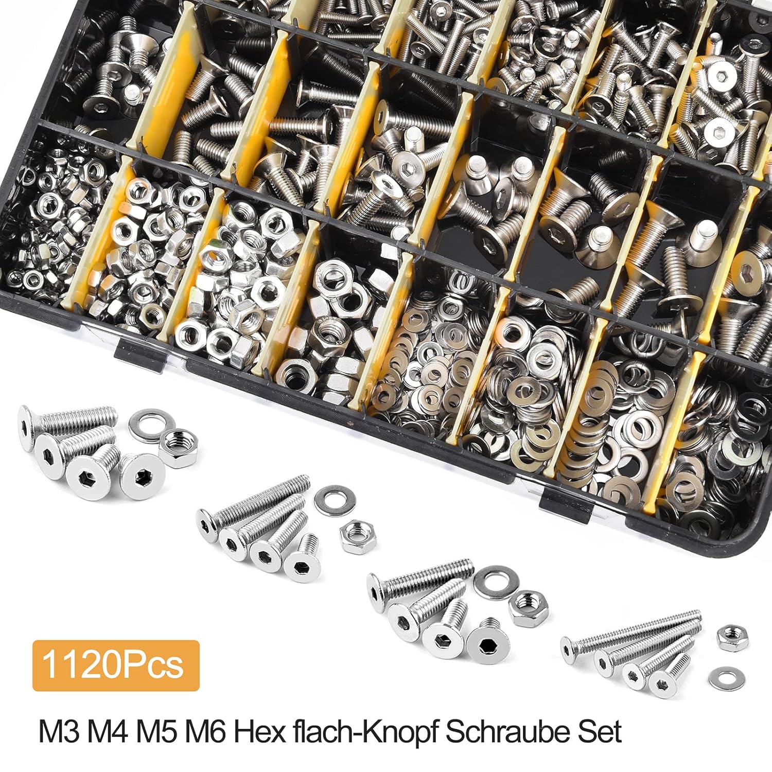 Thumbnail 5 de VIGRUE 1120PCS M3–M6 Senkkopfschrauben, Innensechskant, A2-70 Edelstahl, Inklusive Muttern, Unterlegscheiben & Aufbewahrungsbox
