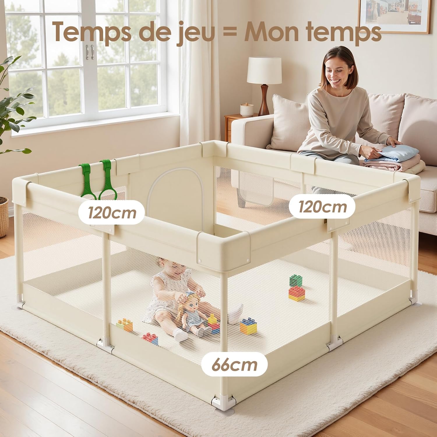 Detalle de Parc Bébé Julrrimg Beige 120 × 120 cm — Espace sécurisé et pratique