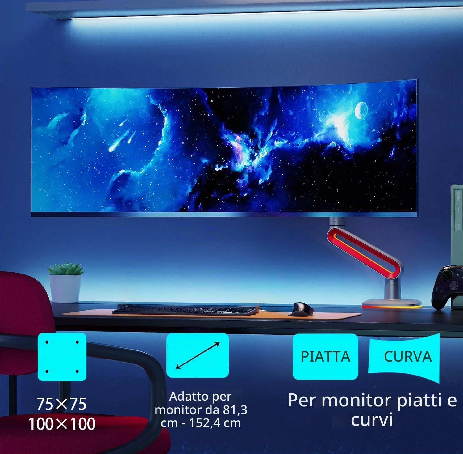 Detalle de NB Ergonomic RGB Supporto per monitor 32–60 pollici, braccio fino a 20 kg, VESA 75/100, rosso