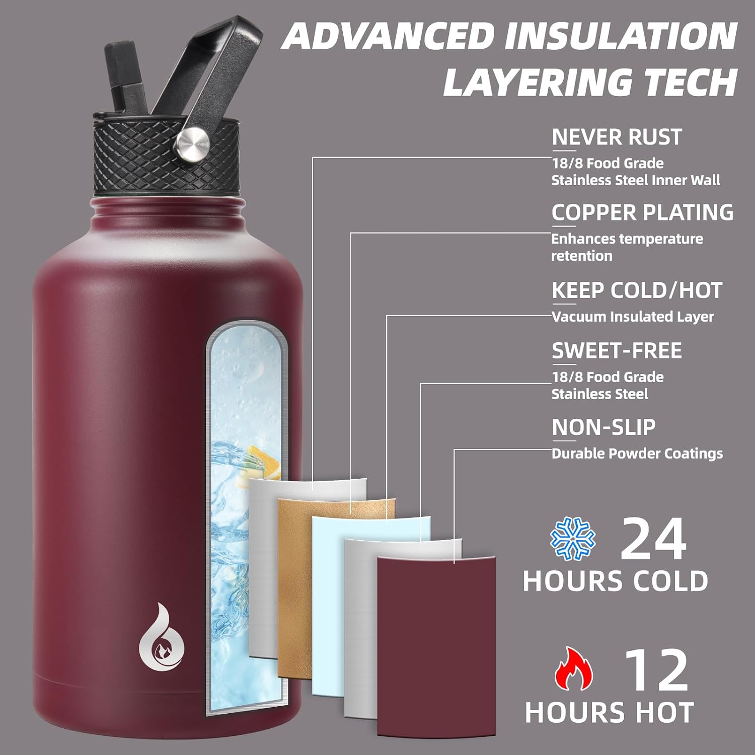 Detalle 2 de BJPKPK Half Gallon Insulated Water Bottle with Straw Lid (64oz) in Brick Red