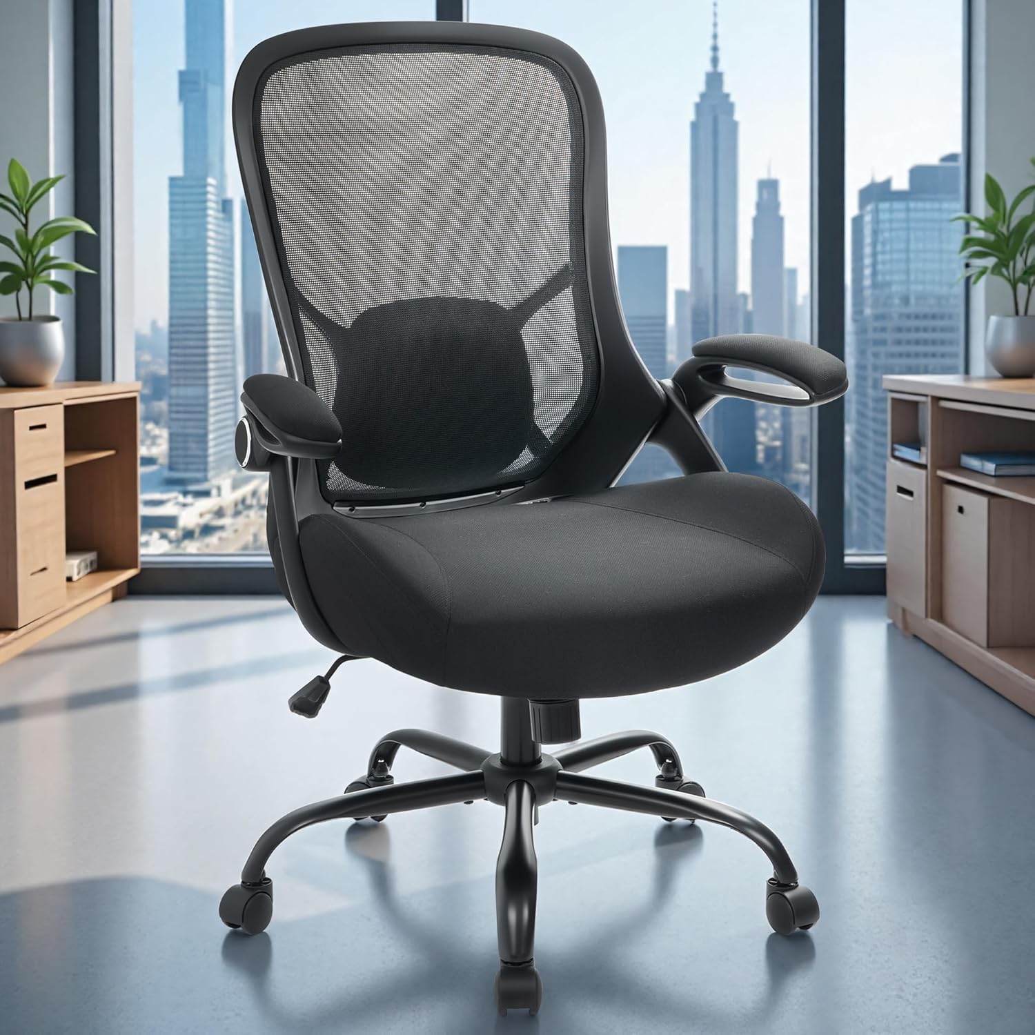 Thumbnail 1 de HYLONE Big and Tall 400lbs Heavy Duty Office Chair (Black) — 5" Thickened Mesh Seat, Adjustable Armrests