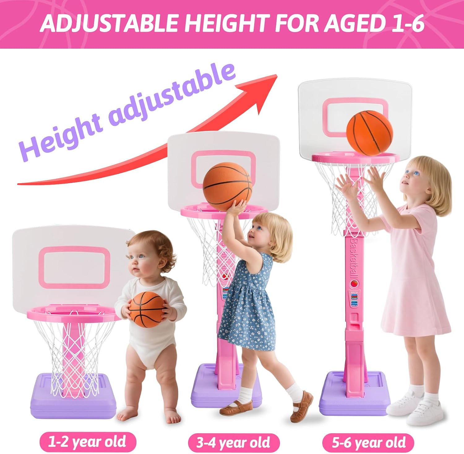 Detalle de Basketball Hoop and Stand for Kids – Adjustable Height 2'3"–4'7" with Balls (Indoor/Outdoor)