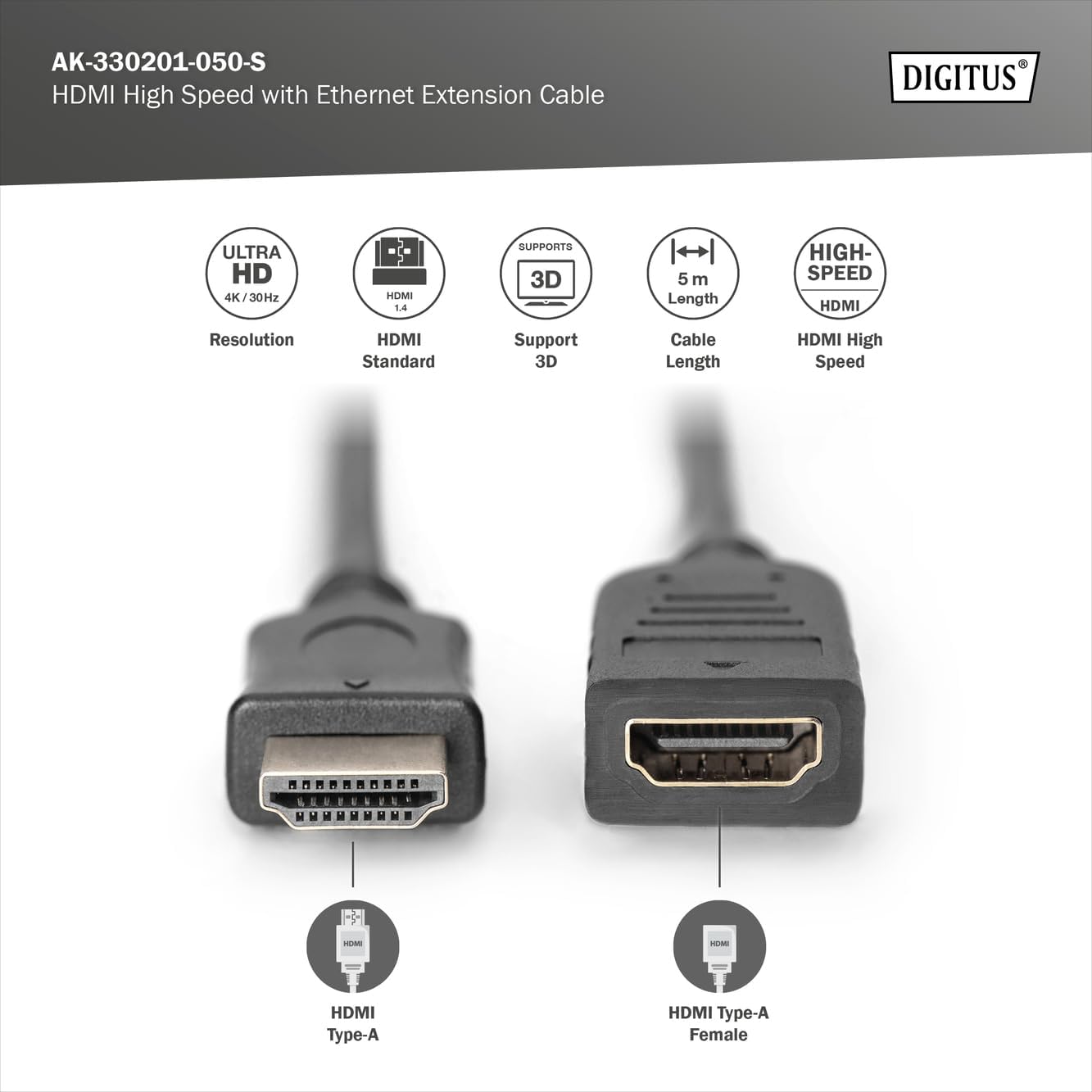 Thumbnail 2 de DIGITUS Câble d’extension HDMI 5 m avec canal Ethernet – Ultra HD 4K/30 Hz, mâle vers femelle, contacts plaqués or
