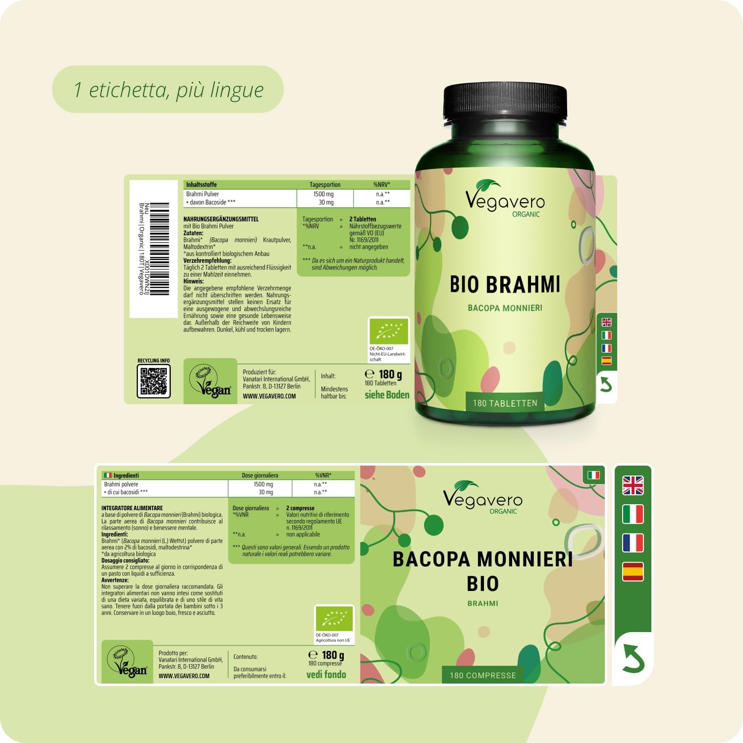 Detalle de BACOPA MONNIERI BIO Vegavero® 750 mg – Brahmi bio nootropico, 180 compresse vegane