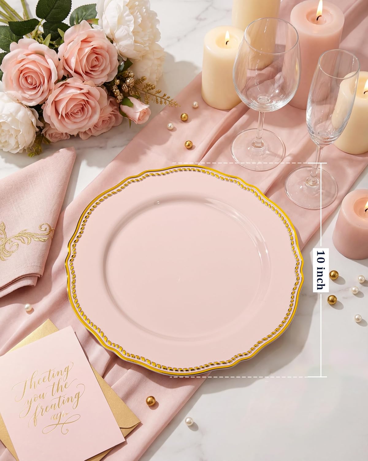 Detalle de Hioasis 60pcs Pink Plastic Plates (10.25 in) with Pink & Gold Rim — BPA-Free Disposable Dinnerware for Parties