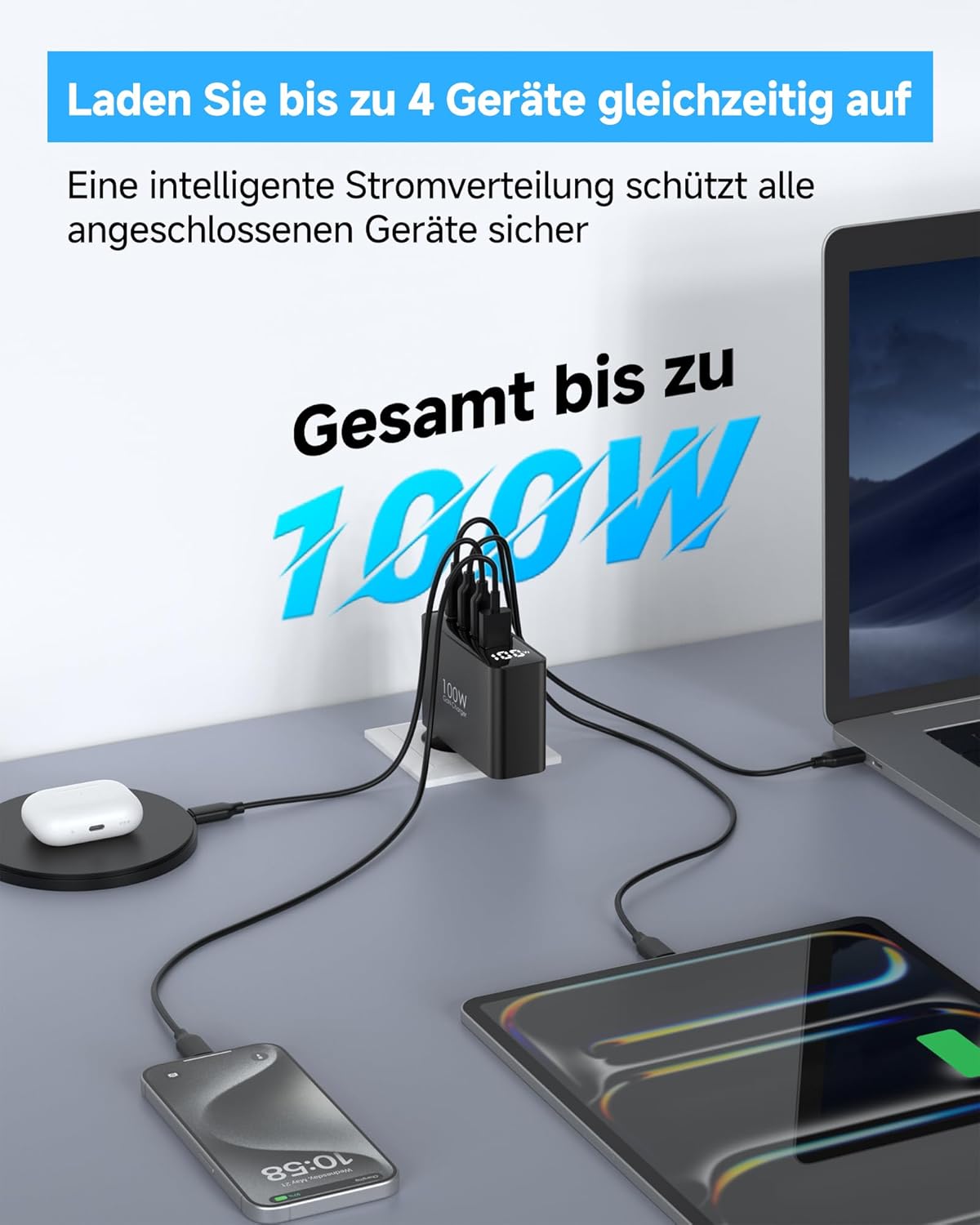 Thumbnail 3 de 100W USB-C Ladegerät mit 4 Ports, LED-Display (GaN, PD/PPS) – Schwarz