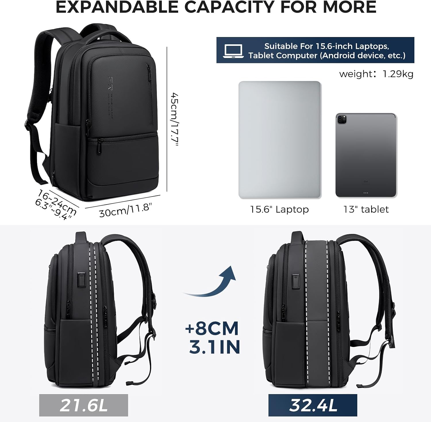 Detalle de Fenree.geer Expandable Laptop Backpack: 21.6–32.4L Travel Rucksack with USB Ports
