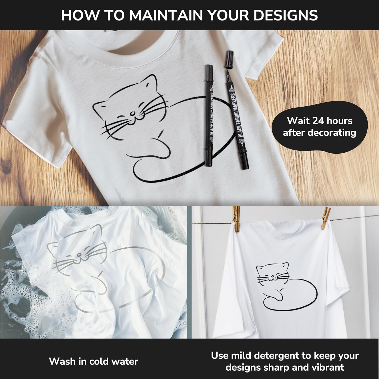 Detalle 2 de Zenacolor Permanent Black Fabric Markers, 5-Pack with Dual Tips