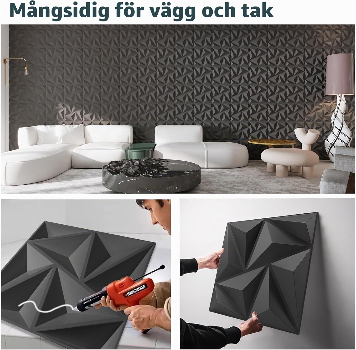 Detalle 2 de Art3d 3D-väggpaneler i matt svart PVC, 20-pack för 1,8 m²