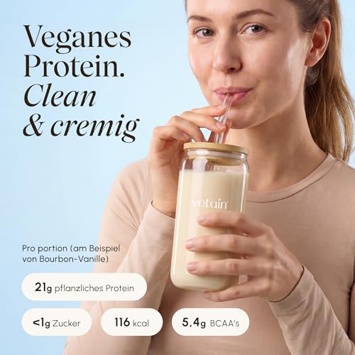 Detalle de VETAIN Vegan Protein Set – 3x Proteinpulver in Vanille, Kakao und Iced Coffee (21 g Protein) inkl. Edelstahl-Shaker