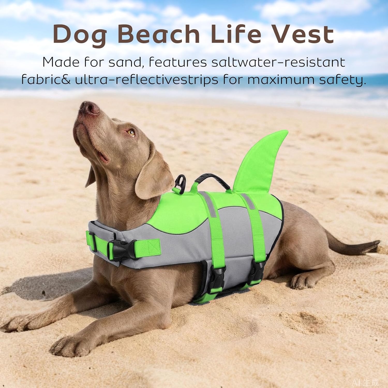 Detalle de CITÉTOILE Dog Life Jacket Shark Costume – Safe, visible flotation vest for dogs (Green, M)