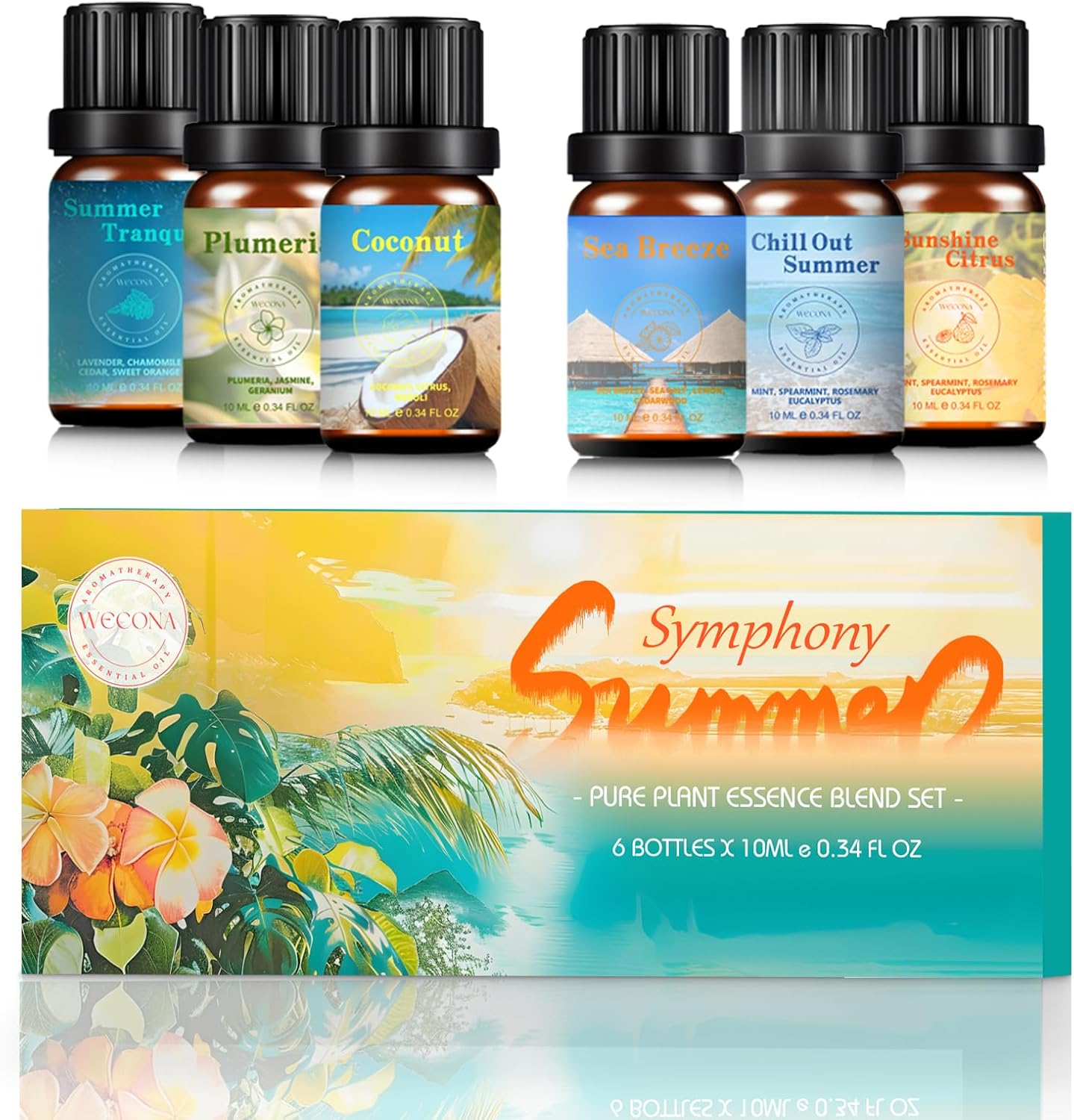 Wecona Summer Essential Oils Set (6x10ml) with Bottle Opener – Pure Plant Extract Blends