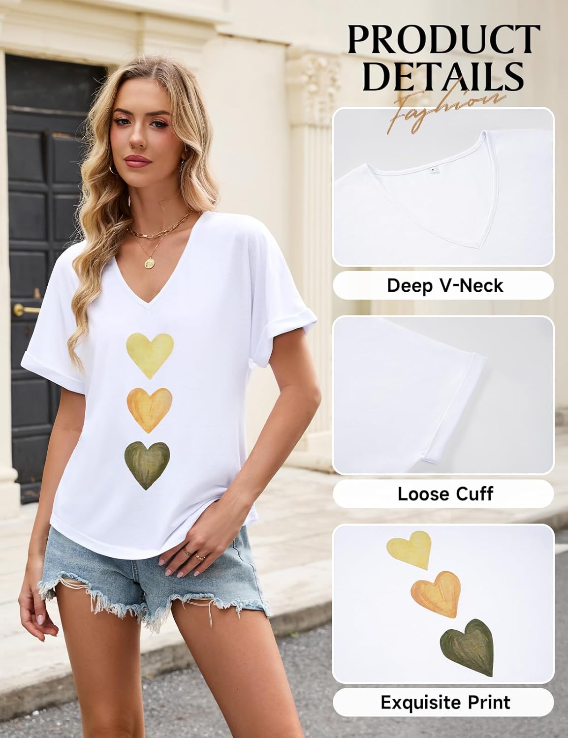 Thumbnail 2 de PASUDA Tee Shirt Femme Coton Col V Manche Courte – Décontracté et Chic