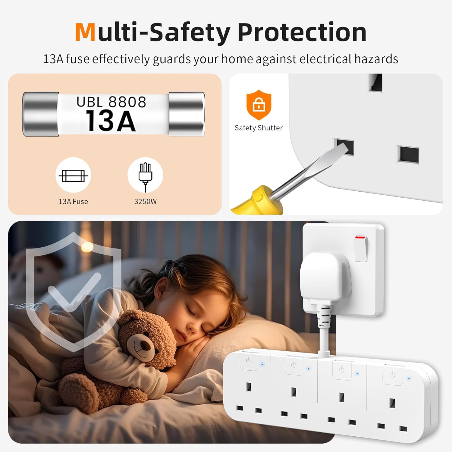 Detalle de Multi Plug Extension Socket 4 Way (Flexible Plug) with Individual Switches, UK 4-Gang Adapter – White