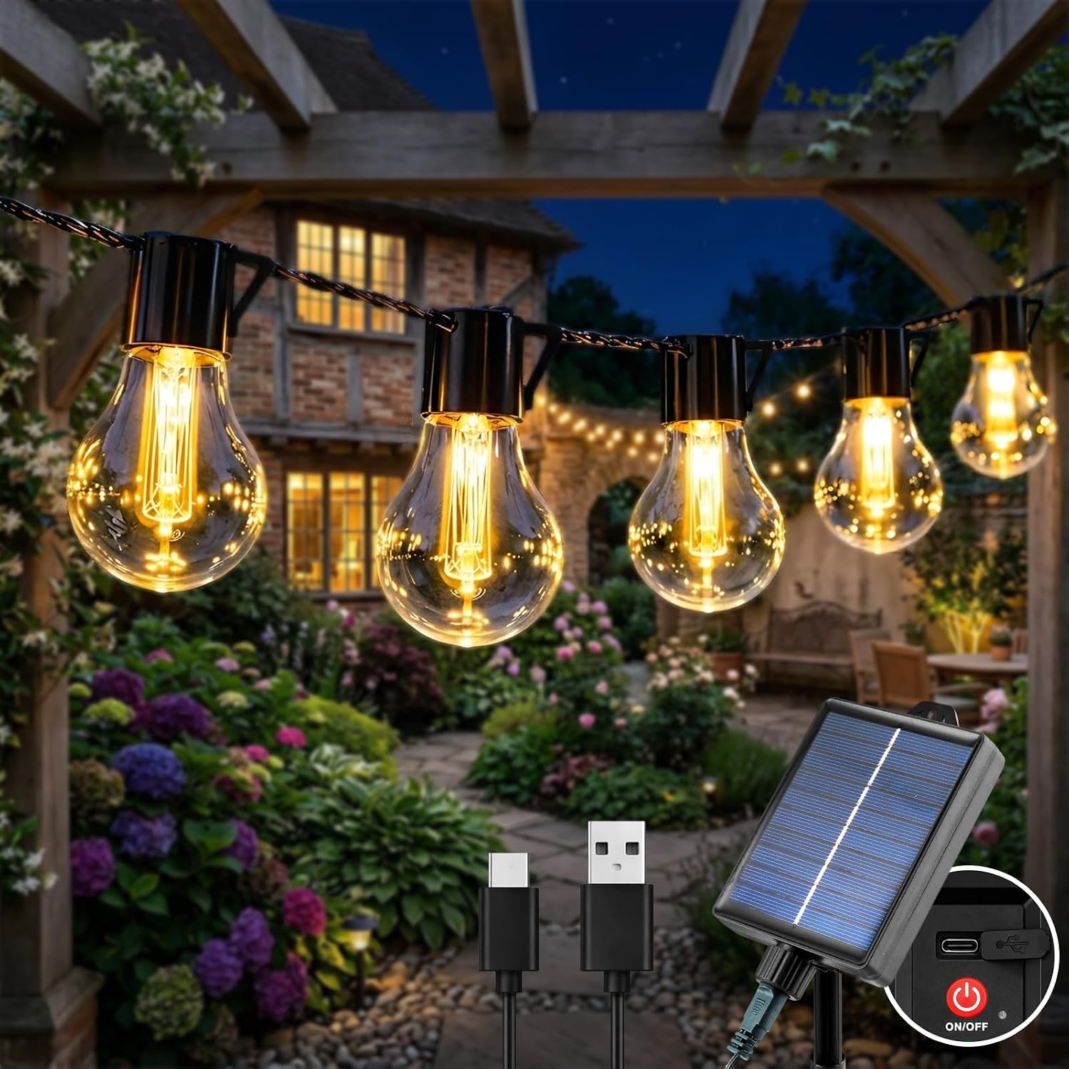 Detalle de Cnulenzt Solar Lichterkette Außen, 20 LED, 9 m – Solar- und USB-Dualmodus mit 8 Modi