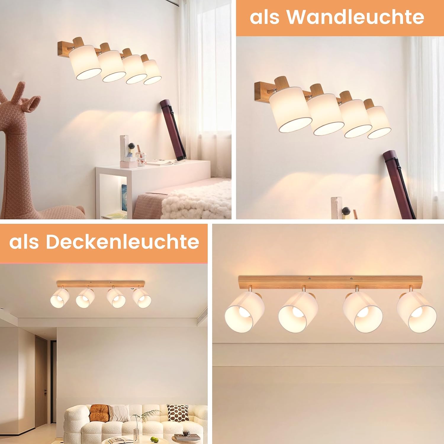 Detalle de Glitzerlife Deckenstrahler 4-flammig mit Holzsockel, Stoffschirm und schwenkbaren Köpfen (E14, max. 25 W)