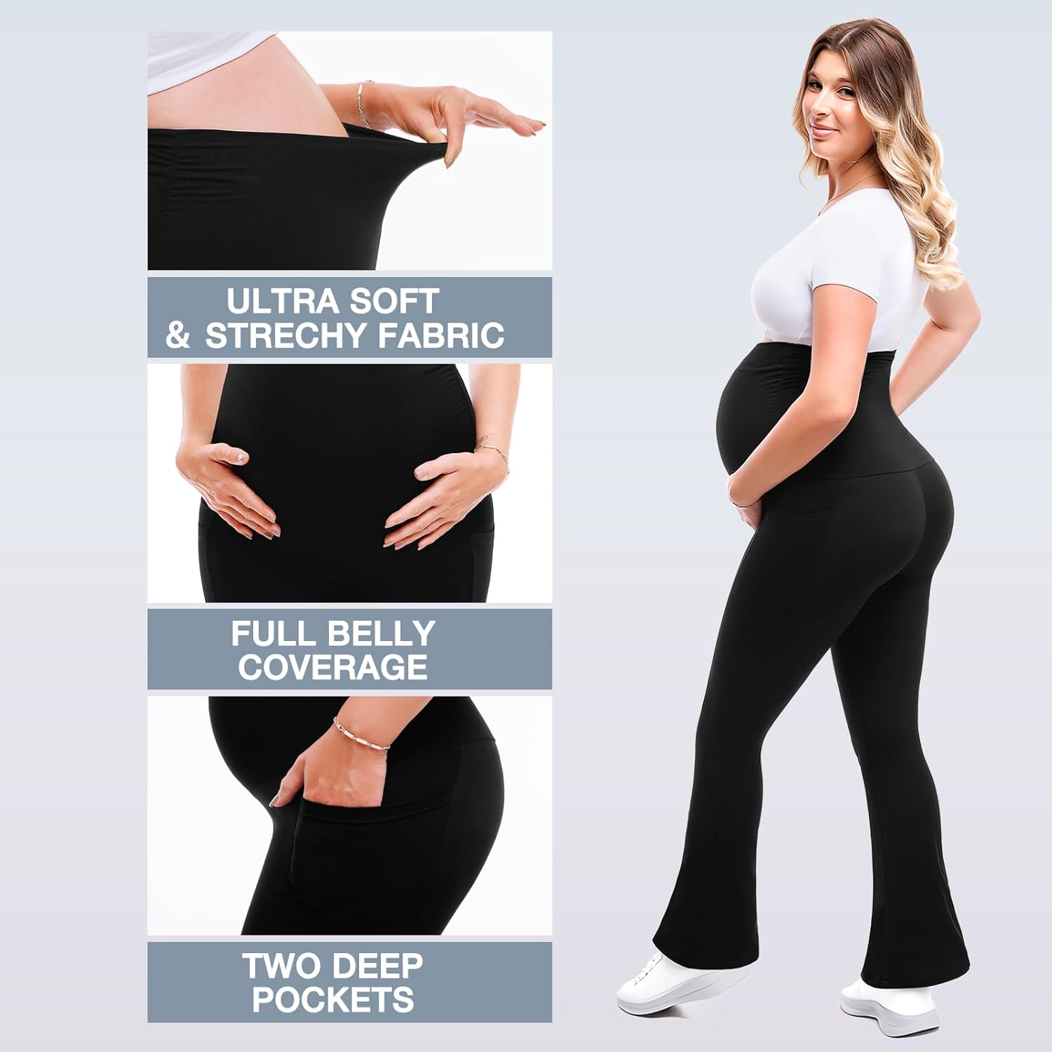 Detalle de Leafigure Maternity Flare Leggings with Pockets (Over-the-Belly) for Yoga & Workouts