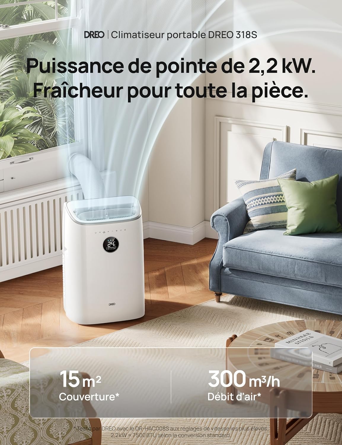 Detalle de DREO climatiseur mobile AC318S 7500 BTU 3-en-1 : refroidissement, ventilation et déshumidification sans drainage