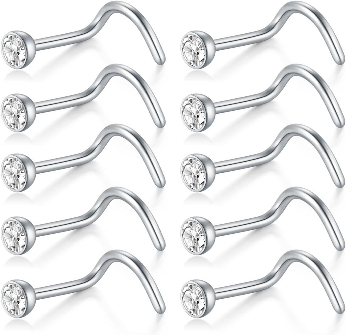 Thumbnail 3 de Briana Williams 316L surgical steel CZ nose stud set (16G–22G, 10 pcs)